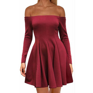 NEW Red Wine Off The Shoulder Long Sleeve A Line Pleated Mini Dress XS